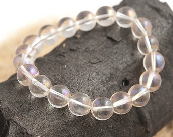 stretch bracelet rainbow angel aura quartz 8mm round beads | elastic beaded bracelet semi precious stones