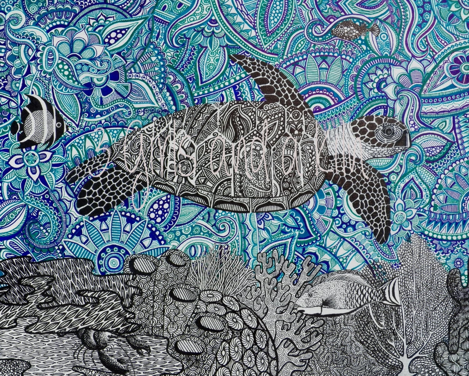 Cayman Sea Turtle Zentangle Drawing11x14 print