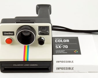 Vintage Polaroid OneStep SX-70 White Rainbow Stripe Instant Camera with 1 Pack of New Impossible Project Color Film - Tested & Working