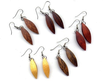 Collection of 5 Teeny Tiny Handmade Wooden Tatting Shuttle Earrings - Various Woods