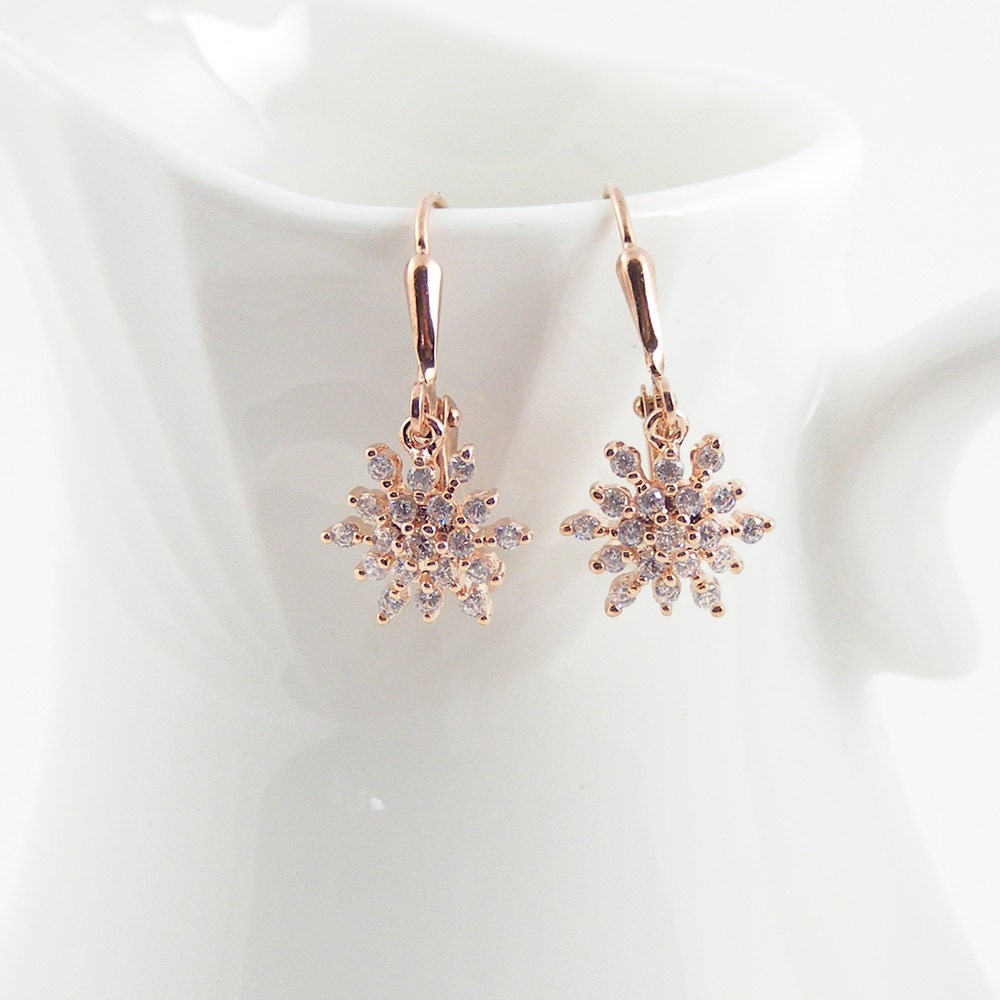 Petite Snowflake Earrings Rose Gold Crystal Drop by Blucha on Etsy