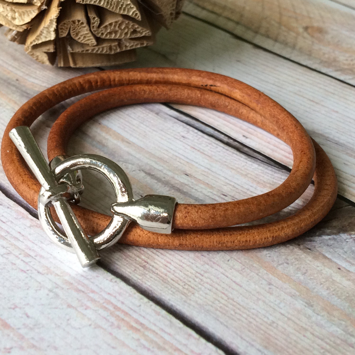 Distressed Tan Leather Bracelet with an Antique Silver Toggle
