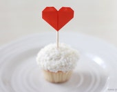 12 Mini Red Origami Heart Cupcake Toppers / Cake Topper / Cocktail / Wedding Reception / Paper Hearts / Summer Cocktail Party / Food Picks /