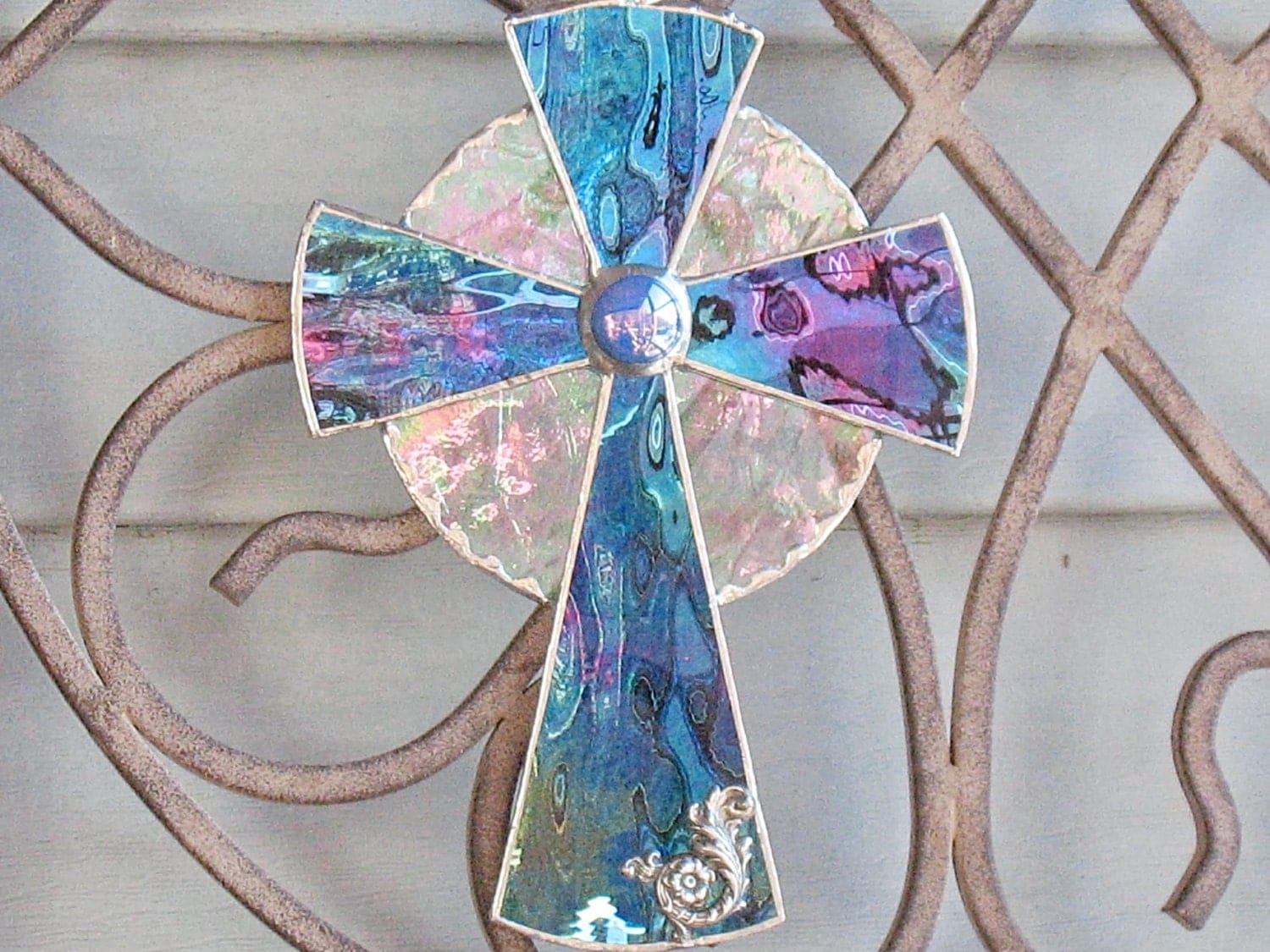 Stained glass cross in purple Easter christian wall hanging
