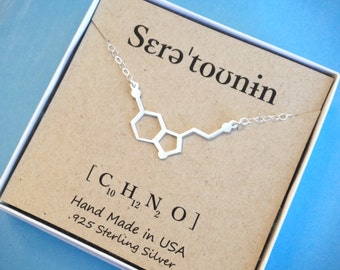 SEROTONIN NECKLACE Pendant Sterling Silver, Serotonin Molecule Necklace Chemistry Necklace Pendant - Same Day Shipping Made In USA