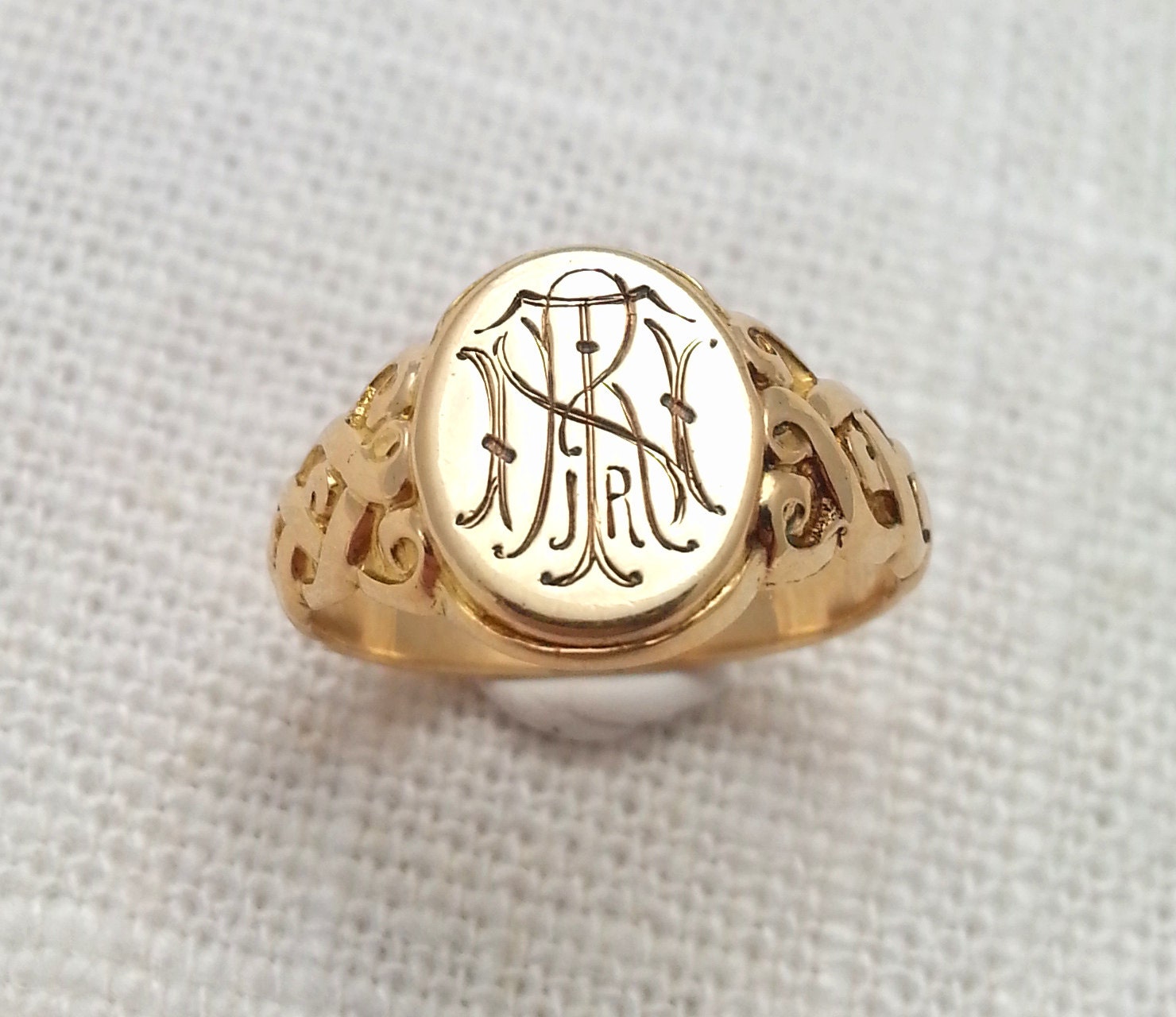 Antique Victorian 1890s 14K Gold Ornate Signet Ring Monogram