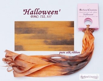 Hand dyed 2 mm wide pure silk ribbon, ruban de soie - 'Halloween'
