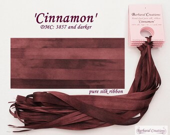 Hand dyed 2 mm wide pure silk ribbon, soie de ruban - 'Cinnamon'