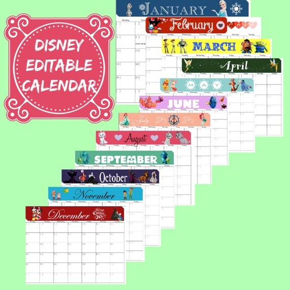 Disney Themed Calendar Set/Digital Editable PDF
