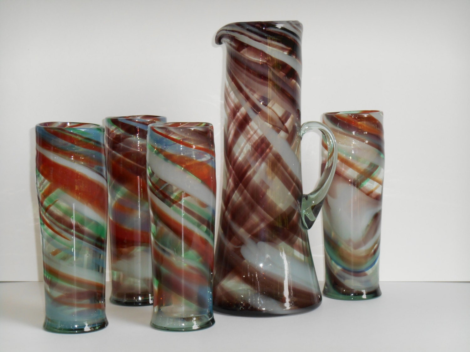 Tall Hand blown Glass Tumblers and Pitcher Set 4 Hand blown