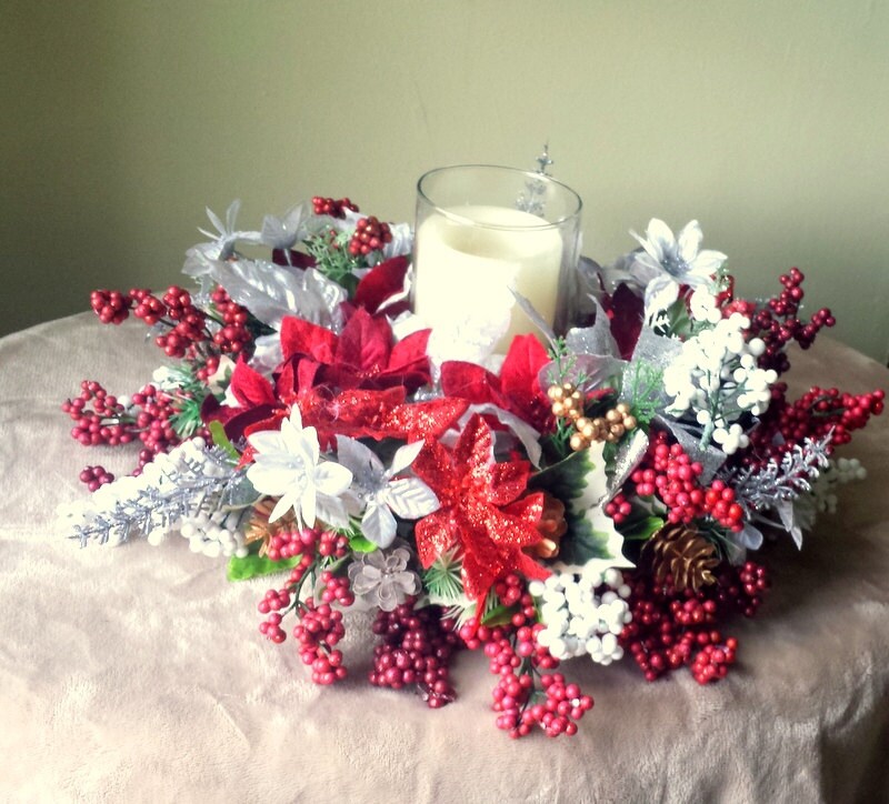 Red and Silver Bling Christmas Holiday Poinsettia Centerpiece,Poinsettia Candle Ring with Red and Silver Glitter,Poinsettia Candle Wreath