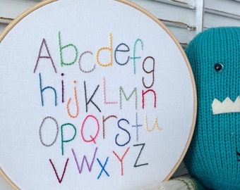 alphabet hand embroidery . nursery decor . gender neutral design . baby shower . cool kids decor . learning tool . 8 inches . 35 dollars