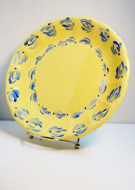 Ceramic Plate Yellow Hand Painted Plate Blue Scandinavian