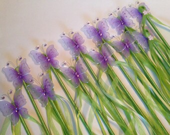 Fairy Party, Fairy Wands, Fairy Princess Butterfly Wands, Purple & Green, Set of 12, with Ribbon Streamers