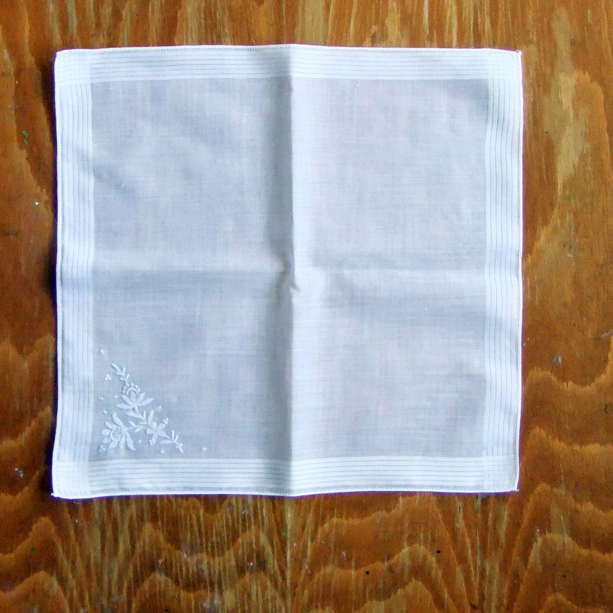 Vintage White Handkerchief with Floral White Embroidery, and White