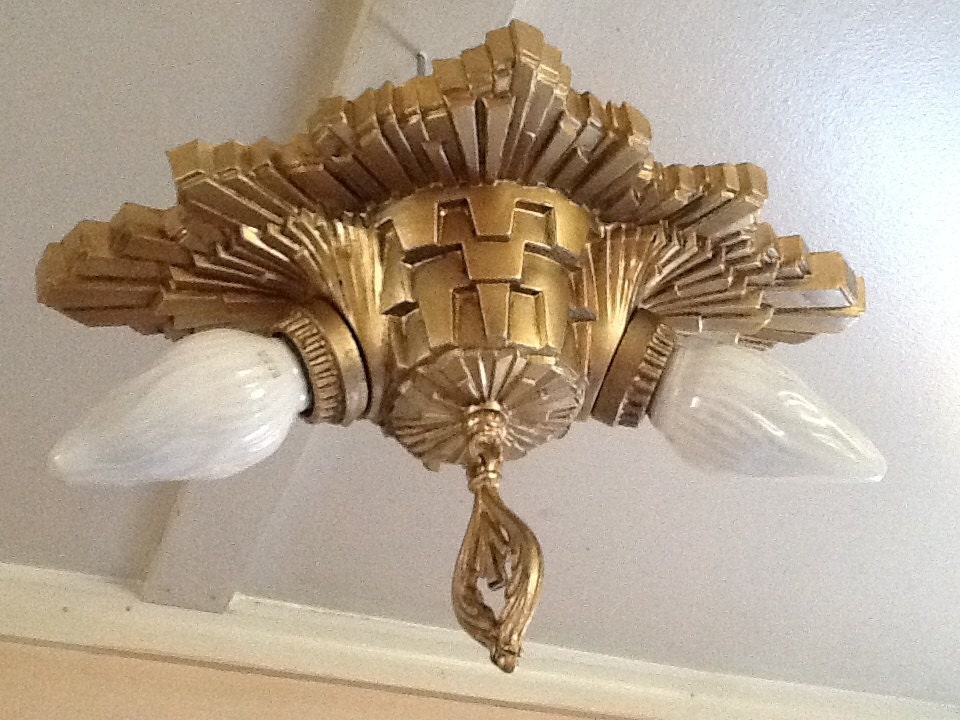 Vintage Art Deco Sunburst Ceiling Light Fixture Starburst