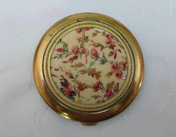 50s Floral Powder Compact Vintage Shabby Chic Roses Lin Bren