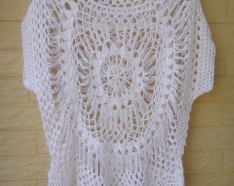 White Sheer Womens Blouses Crochet Top Boho Clothing Hairpin Crochet