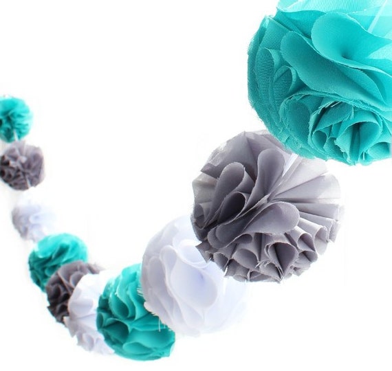 garland pom grey pom Garland White Poms Pom Turquoise, with and Fabric Gray Pom