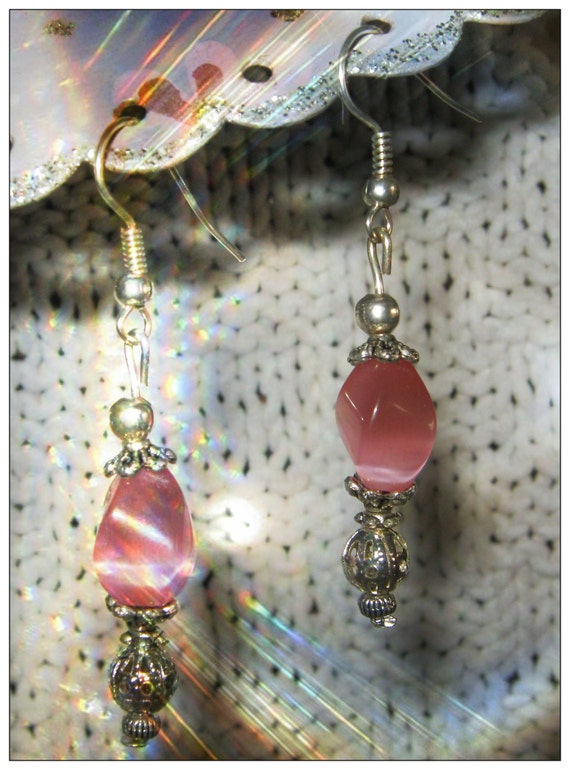 Handmade Silver Earrings with Shaped Pink Cat Eye by IreneDesign2011