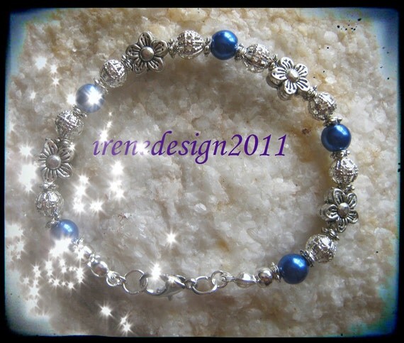 Handmade Silver Bracelet with Blue Pearls & Flowers by IreneDesign2011