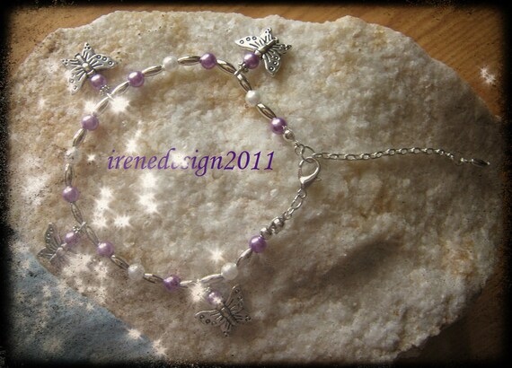 Beautiful Handmade Silver Anklet with Butterflies, Purple & White Pearls, Adjustable