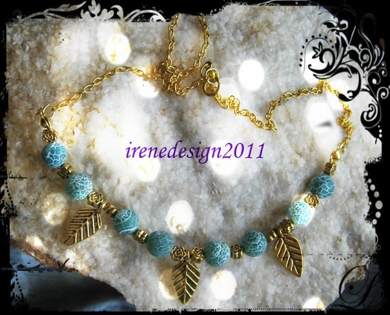 Handmade Gold Necklace with Green Dream Dragon Fire Vein Agate, Leaves & Roses by IreneDesign2011