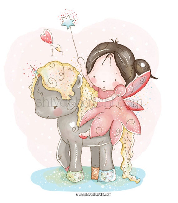 Children Illustration - Nursery - Little Girl on A Unicorn - May All Your Dreams Come True