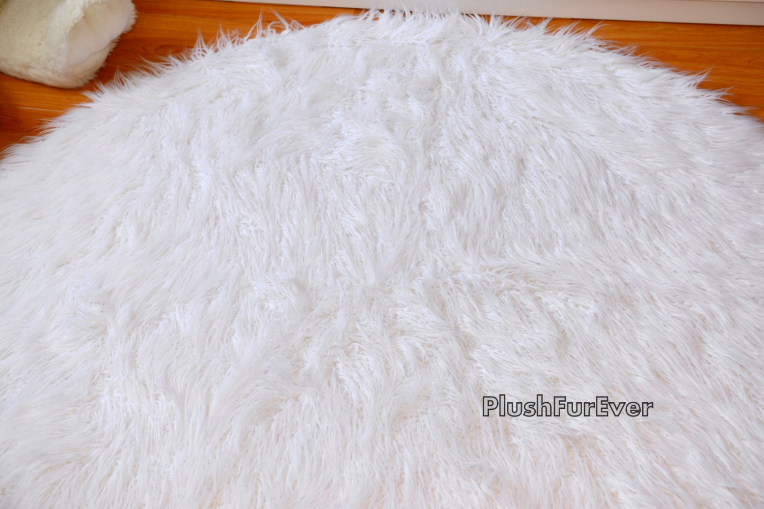 Mongolian White Faux Fur Rug 5' Round Luxury Plush by PlushFurever