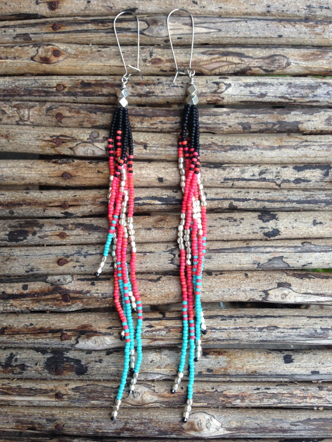 Tribal Earrings Long Beaded Earrings Fringe by WildHoneyPieDesign
