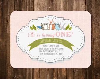 Woodland Critters Birthday Invitation; Pink; Printable or set of 10
