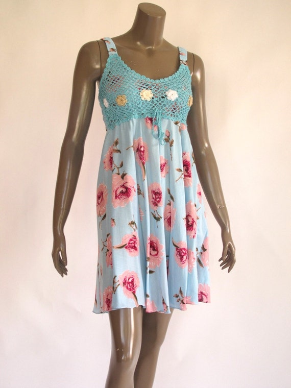 Blue Women Short Cotton Dress Hand Made Crochet at by NaniFashion