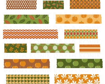 Autumn Washi Tape Clip Art Set-Fall clipart, orange, green, brown, patterned washi tape, scrapbooking, eps, png, jpeg, instant download