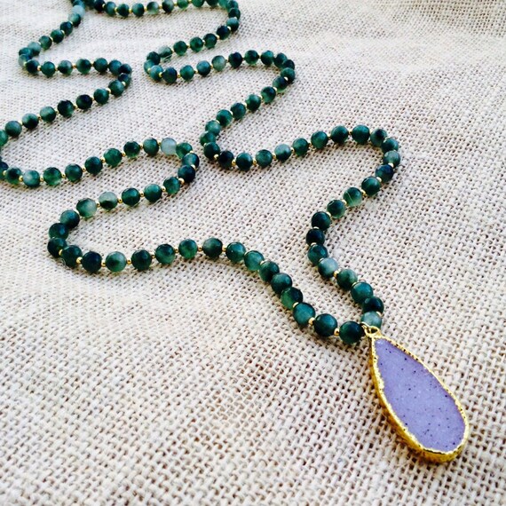 Druzy & Jade Long Beaded Necklace. Blue-Green with gold
