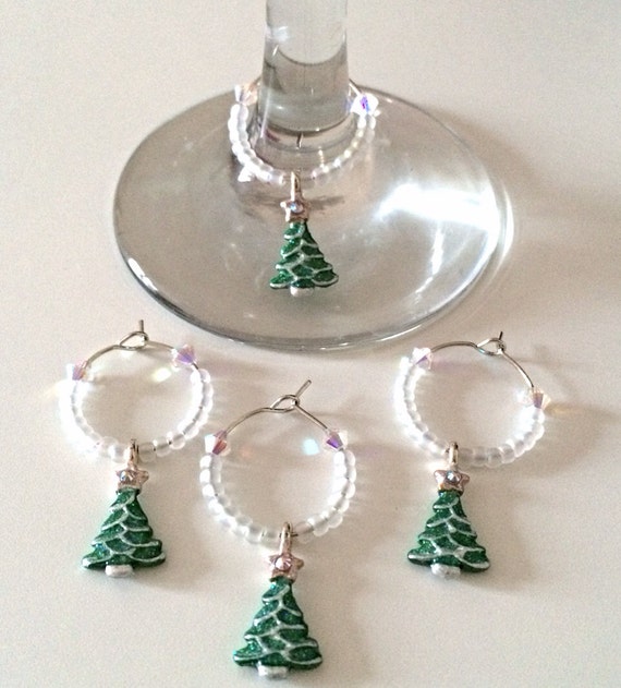 Items similar to Hand painted christmas tree wine glass charms with Swarovski crystals on Etsy