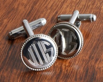 Engraved Groomsmen Gifts, Personalized Silver Round Beaded Monogram Custom Cuff Links Cufflinks Monogram Monogrammed Initials