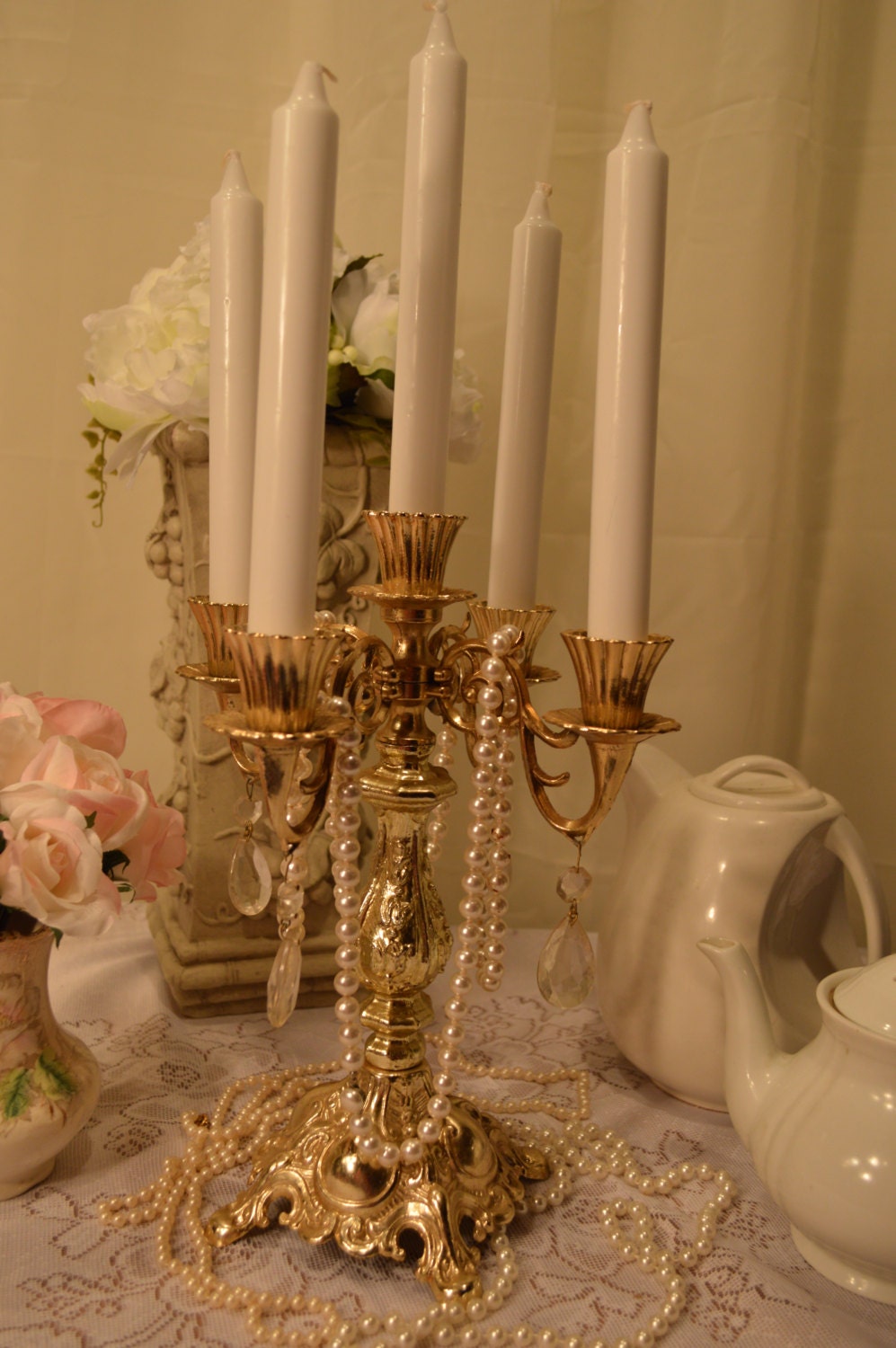 Vintage Romantic Brass Candelabra with antique Prisms