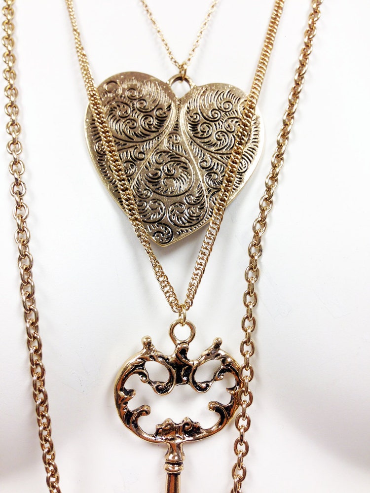 Multi chain antique gold pendant necklace with key and by LUSCONE