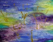 Large Abstract Acrylic and Mixed Media Painting on Canvas with Blue, Green, Gold, Purple