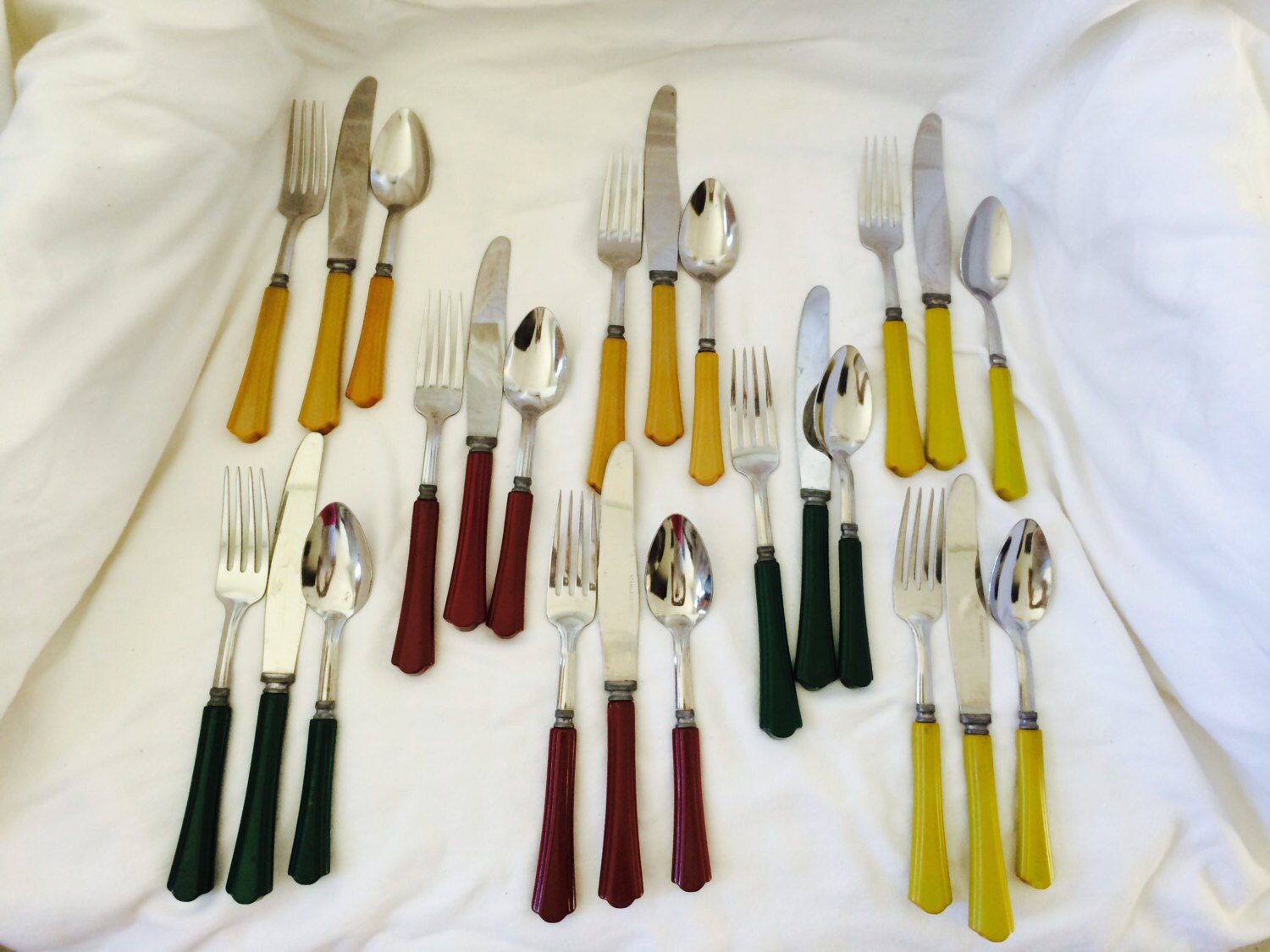 30s Bakelite Stainless Steel Flatware Set of 24 MultiColored