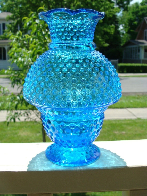 Vintage Kanawha Blue Hobnail Art Glass Candle Holder Fairy