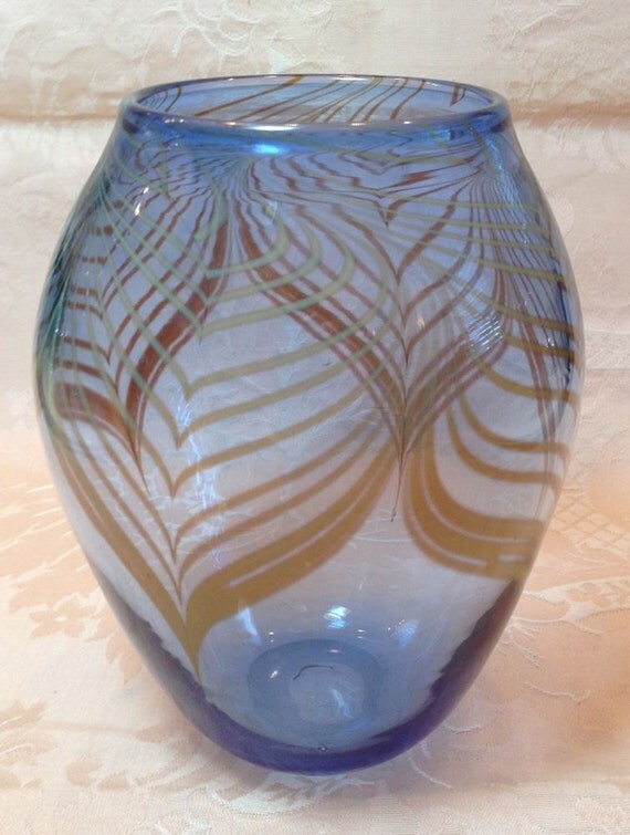 Rochester Folk Art Guild Art Glass Vase Blue Glass Pulled 5630