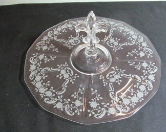 Vintage Fostoria glass Meadow Rose pattern sandwich tray with center finial Fleur de Lis Handle
