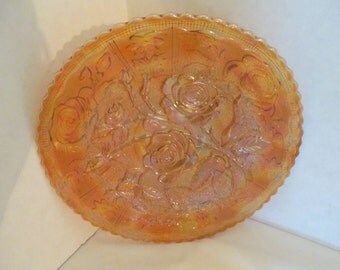 Imperial Marigold carnival glass plate open rose, Vintage 1920s