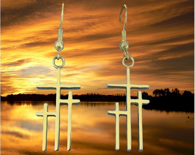 Petite Calvary 3 Cross Earrings Silver Gold Womans Girls Drop Dangle Christian Jewelry - Saint Michaels Jewelry - Calvary Three Cross