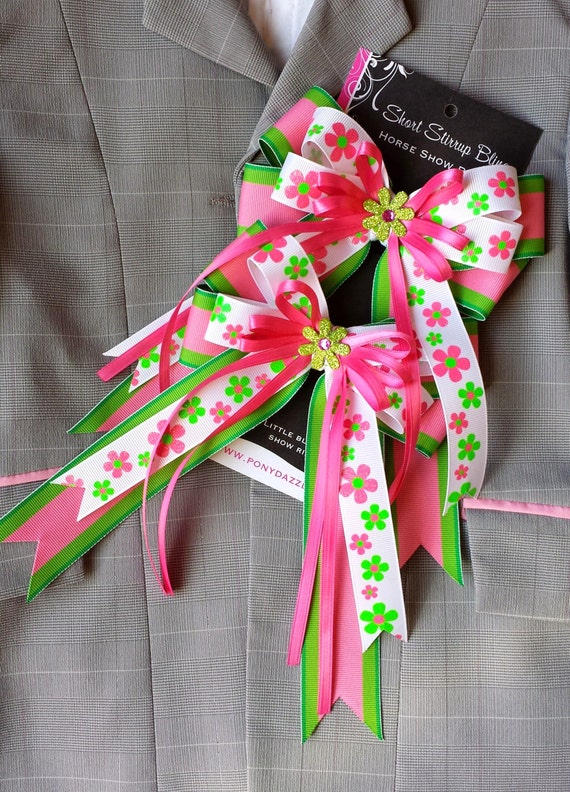 Pair of Large Horse Show Bows w/ Tails Hot Pink and Lime