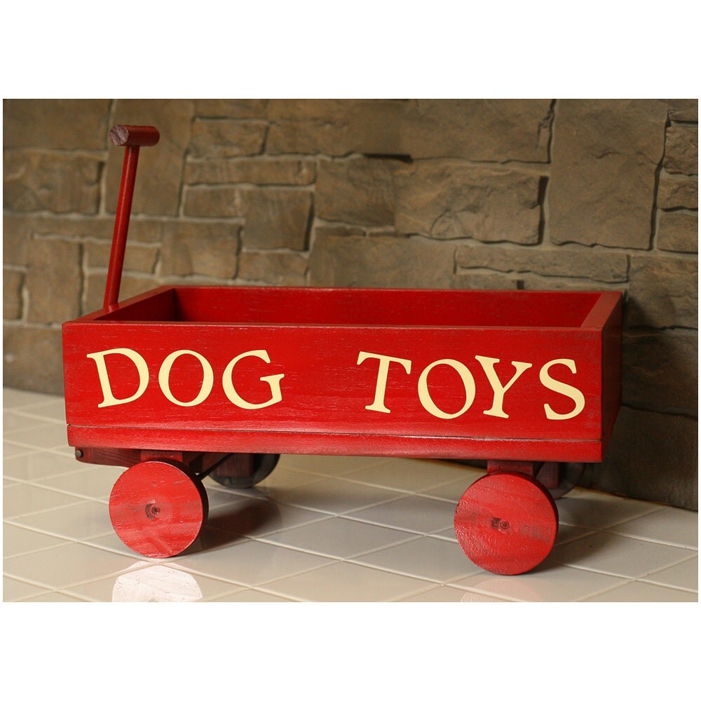 Dog toy box little red wagon wood toy box pet toy vintage look