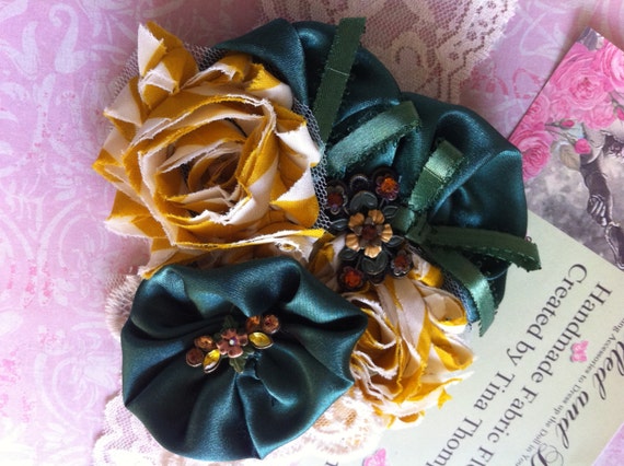 Green, Mustard Yellow/ Satin and Chiffon/ Girls Headband/ Baby Headband/ Dress Sash Embellishment/ Womens Headband/ Brooch Pin/ Hairclip