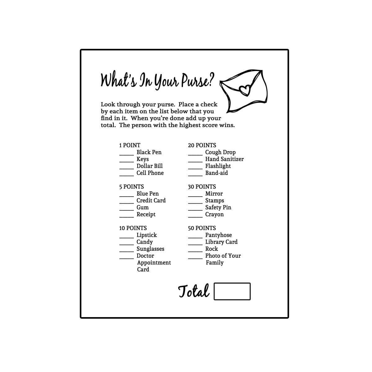 Printable Bridal Shower Game Whats In Your Purse Game 