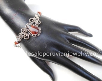 Brown Tiger's Eye Teardrop Alpaca Silver Curls Bracelet Peruvian Jewelry - Handmade in Peru